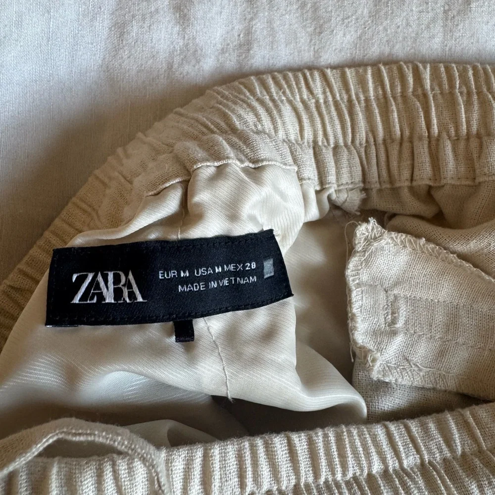 Zara Cream Wide-Leg Linen-Blend Drawstring Pants